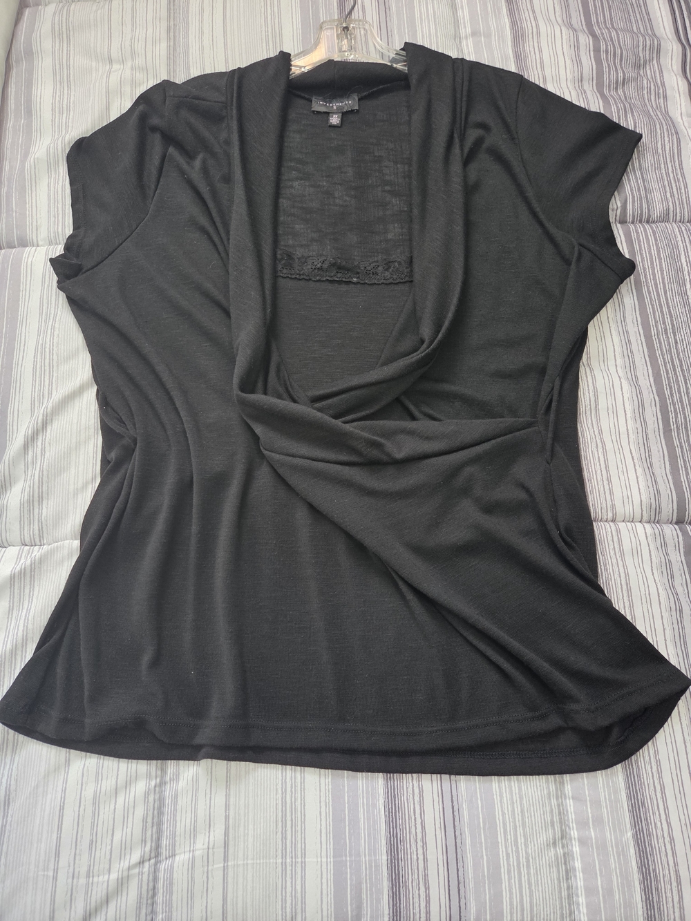 INVESTMENTS II Black Cowl Neck Faux Wrap Top with Lace Inset 3X